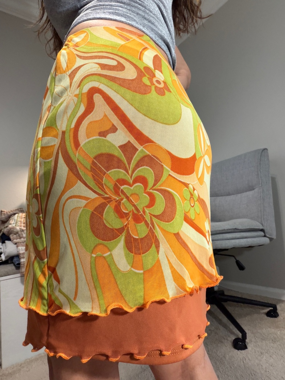 Wild Fable Skirt size S Hippie 70s Disco Orange Print Tiered Short Mini Festival